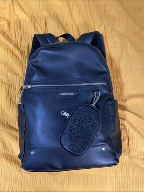 Madden NYC Black Faux-Leather Women's Backpack with Detachable Pouch
